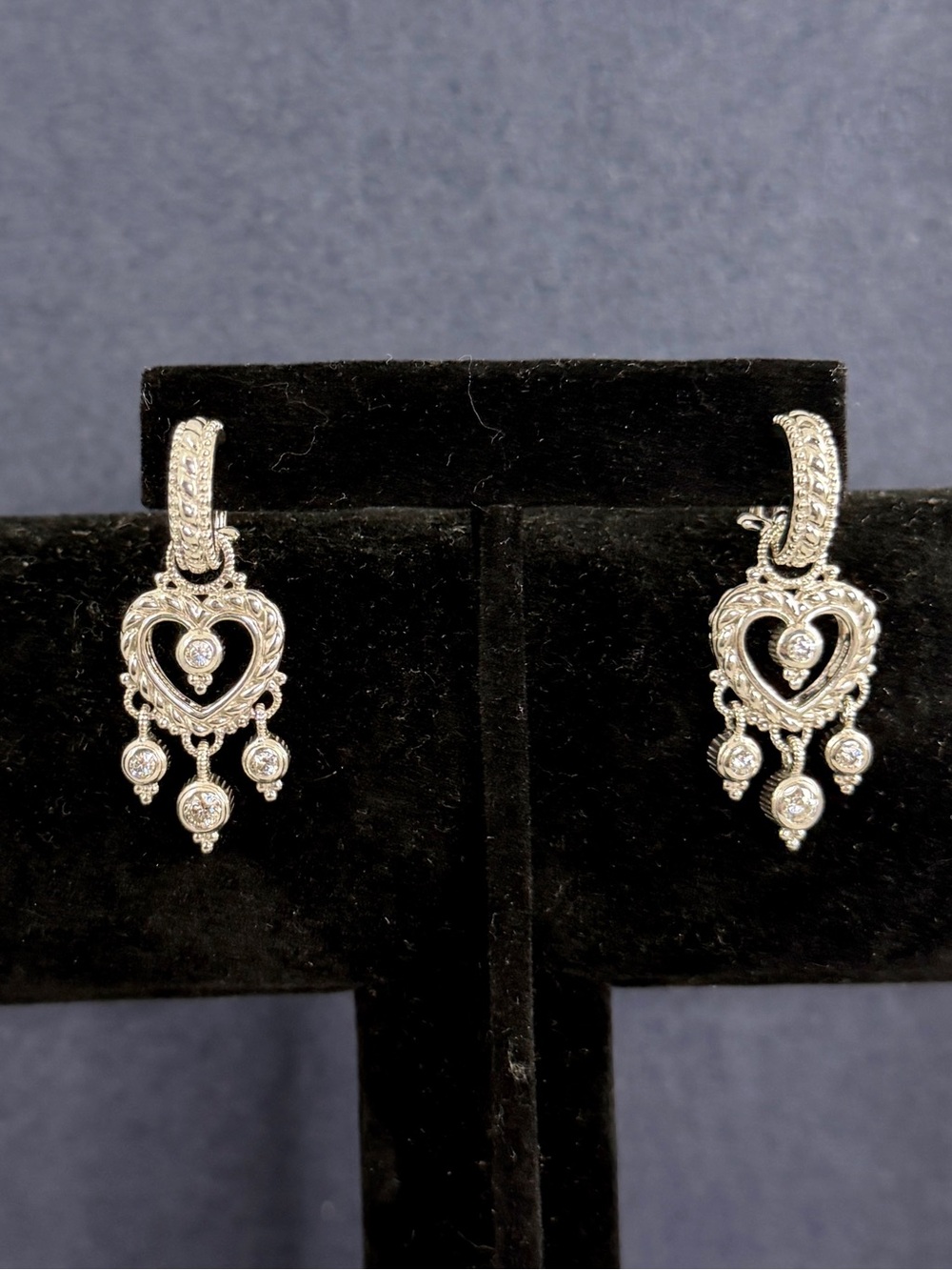 JUDITH RIPKA Sterling Silver Cable Twist CZ Heart Huggie Hoop Dangle Earrings